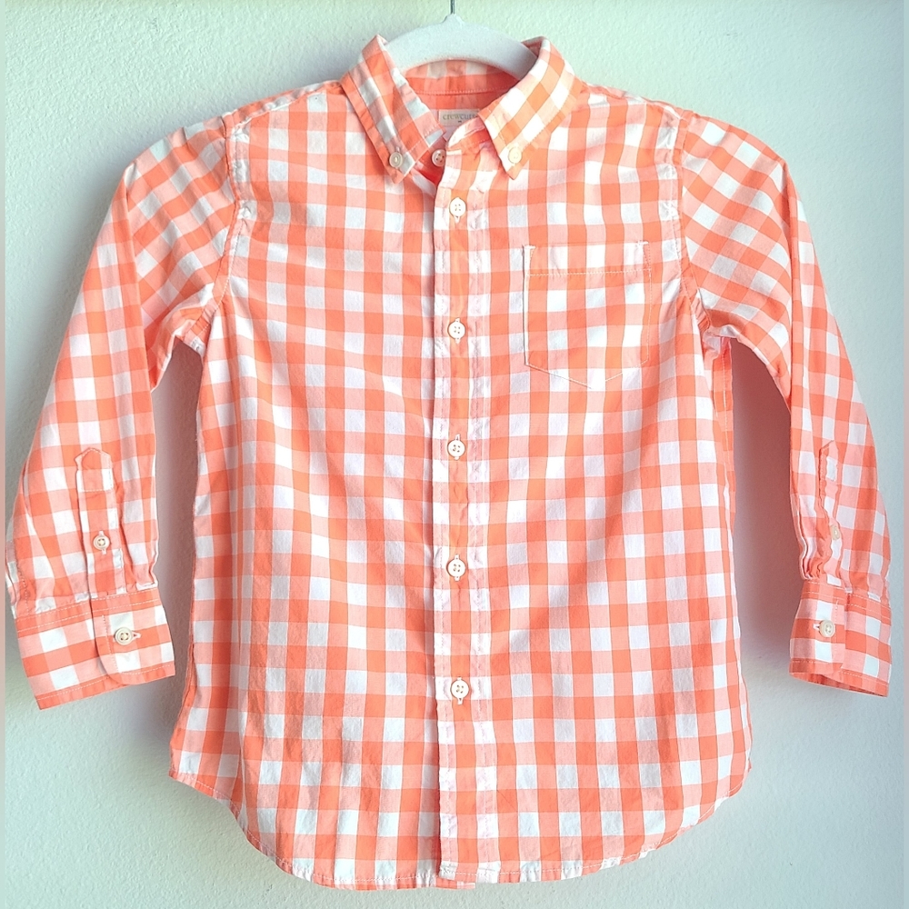 Crewcuts JCrew Boys' Orange/White Checked Long Sleeve Button Down Shirt, Sz 4-5